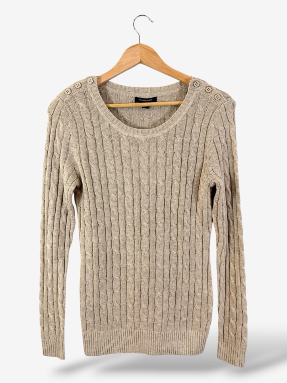 Banana Republic Tan Cable Knit Sweater Size S Button Accent Fisherman Preppy